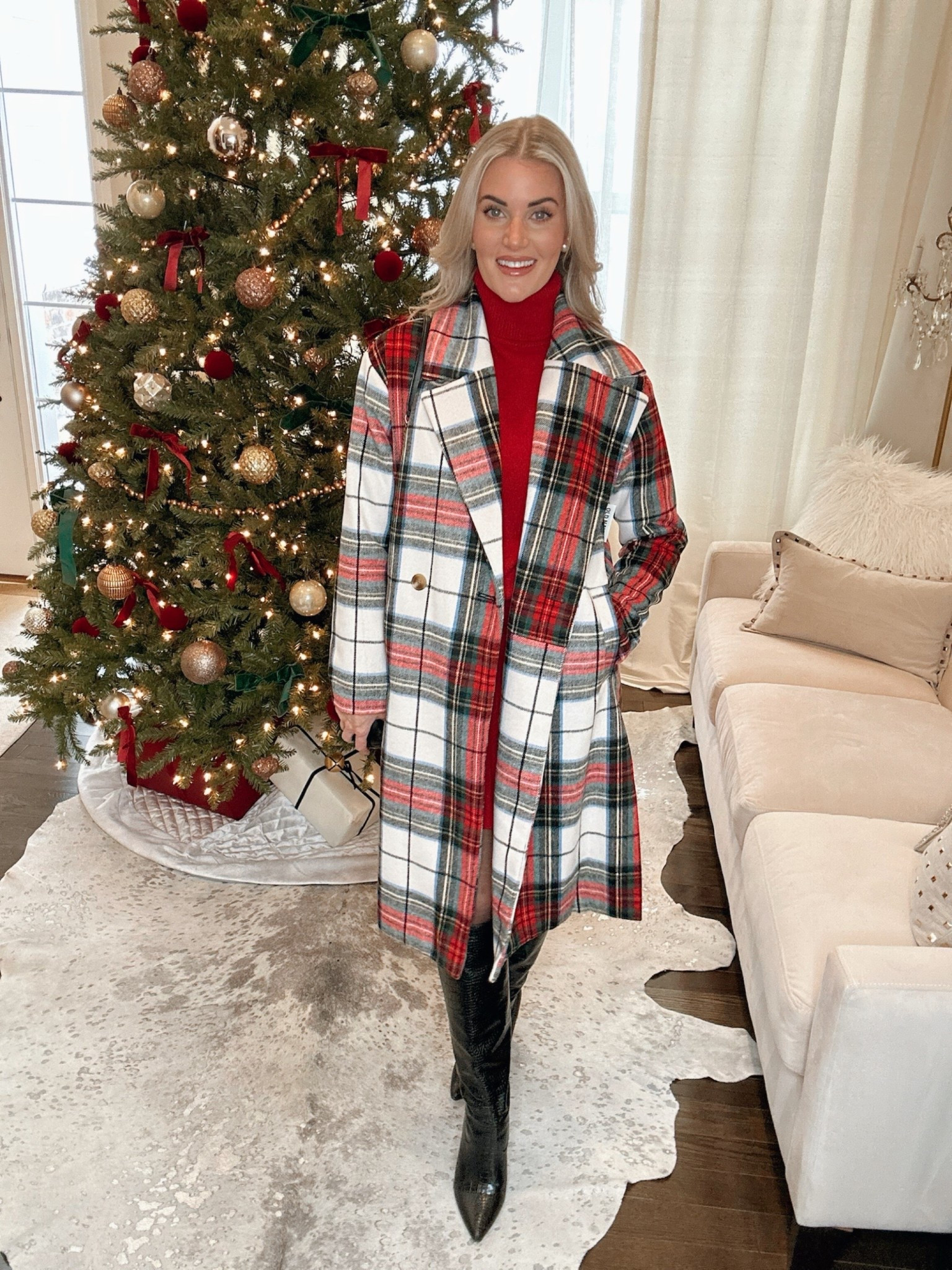 Winter outfit, holiday outfit, Christmas outfit – wearing a small in the matching sweater set, and 7.5 in the knee-high boots. Size extra small in the plaid coat, which is old. Linking a few similar coat options that are gorgeous for the season. #AmazonFashion

#LTKHoliday #LTKSeasonal #LTKFindsUnder50
