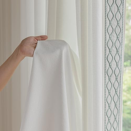 VisionaryHomeDesign White Colour Linen Curtain Panels with Embroidered Trim Design, Pinch Pleat Curtains, Semi-Sheer Curtains for Sliding Patio Doors Bedroom (2 Panels) (50W x 96L) | Amazon (US)