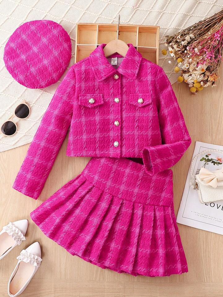 Tween Girl Plaid Print Flap Detail Tweed Jacket & Pleated Skirt & Hat | SHEIN