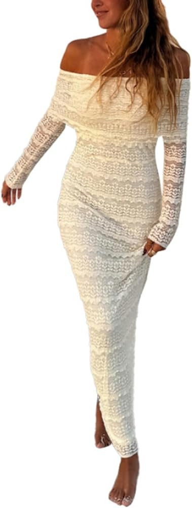 Women's Maxi Dress Formal Lace Off The Shoulder Beige Cocktail Tiered Bodycon Dresses Wedding Gue... | Amazon (US)