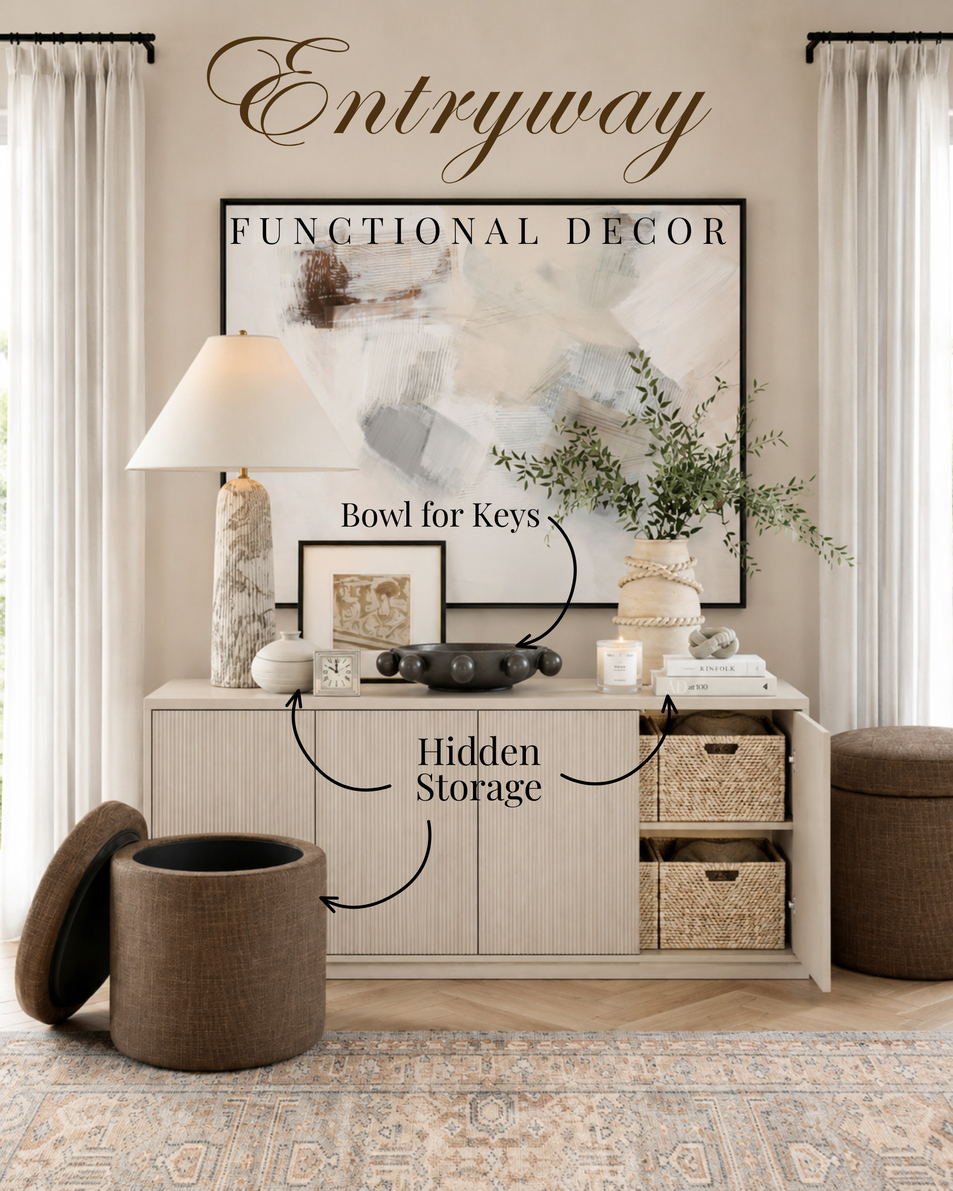 Pretty entryway decor that actually works hard: a bowl for keys, hidden storage, baskets for the things you don’t want to see, and a stool that can double as a drop zone. This is how you make an entry feel styled but still livable.

I may receive a commission from purchases made through my links. 

 #LTKHome