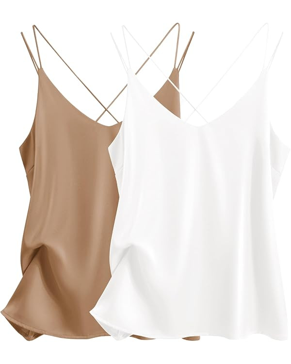 Ekouaer Womens Silk Satin Camisole Tank Tops V Neck Spaghetti Strap Blouses Cross Back Sleeveless... | Amazon (US)