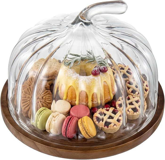 MyGift Pumpkin Glass Cloche with 9.5-Inch Pine Wood Base – Decorative Glass Display Dome for Pastries, Desserts and Rustic Fall Harvest Décor | Amazon (US)