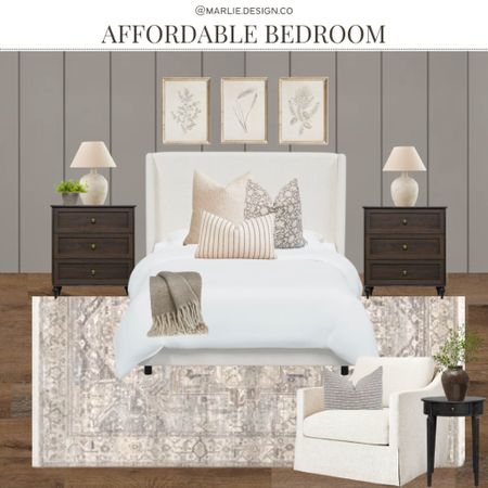 Affordable Bedroom Furniture | affordable bedroom decor | pillow combo | upholstered bed | vintage art set | table lamp | affordable lamp | nightstand | chest | armchair | accent chair | upholstered chair | neutral rug | black side table | brown vase | Amazon home | Wayfair | Target | Etsy | Walmart | Kirklands 

#LTKhome #LTKunder100 #LTKstyletip