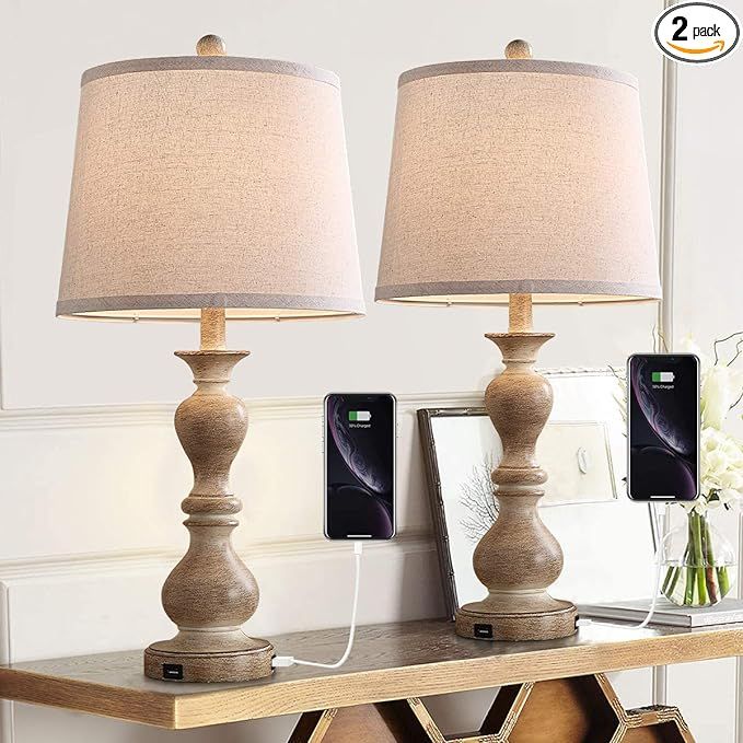 Farmhouse Table Lamp Set of 2, 26" Resin Bedside Nightstand Light with 2 USB Ports, Rustic Bedsid... | Amazon (US)