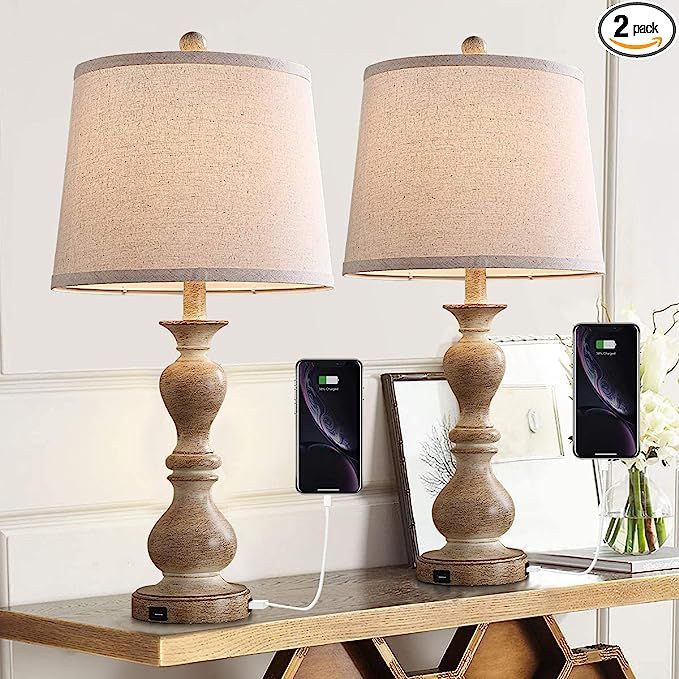 Farmhouse Table Lamp Set of 2, 26" Resin Bedside Nightstand Light with 2 USB Ports, Rustic Bedsid... | Amazon (US)