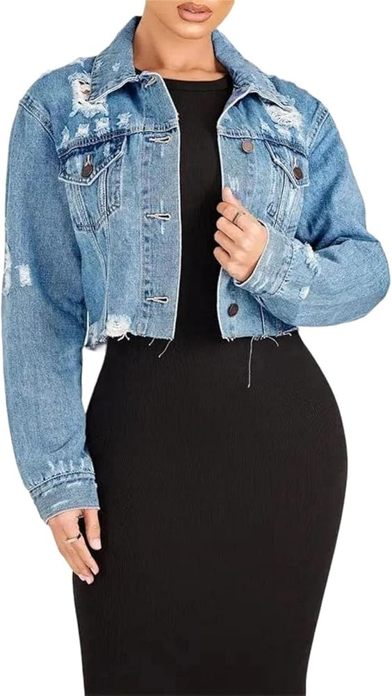 Women\u2019s Distressed Short Denim Jacket Frayed Hem Long Sleeve Classic Collared Outerwear | Amazon (US)
