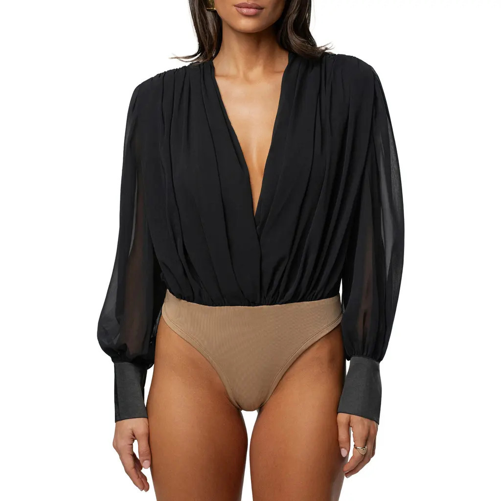 JLUXLABEL Pleated Long Sleeve Bodysuit in Black at Nordstrom, Size X-Large | Nordstrom