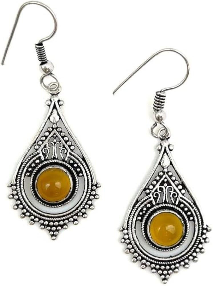 Tanvi Earrings with Semiprecious Yellow Agate Stone for Women, Silver-Plated | Amazon (US)