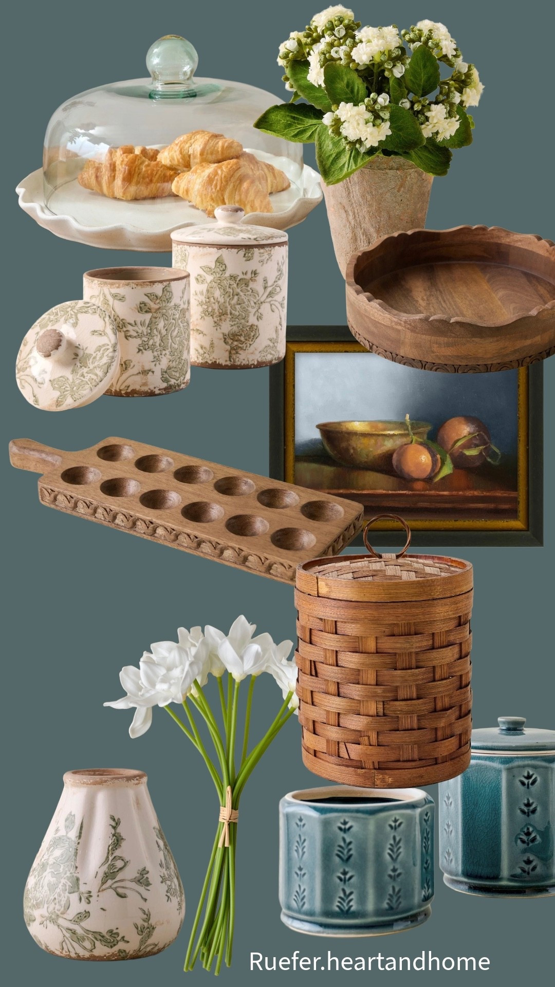 Cozy spring home decor and kitchen finds… egg tray, canister, vase, framed kitchen art, scalloped wood tray, artificial teal touch daffodil, white flowers, woven basket canister, scallop stand with glass dome, potted flower 

#LTKSeasonal #LTKSaleAlert #LTKHome
