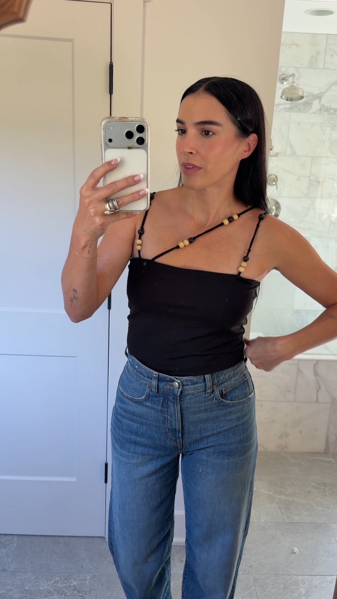 Cotton top, wearing a size medium. I’m 5’10 and wearing a size 27 tall in the jeans

#LTKTall #LTKootd #LTKSaleAlert