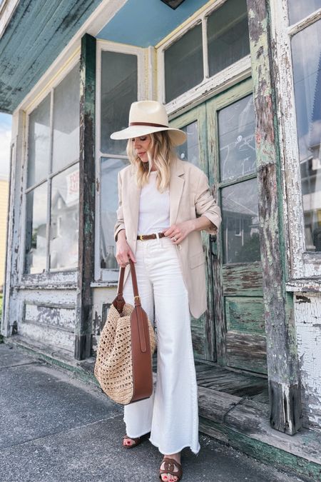 Neutral summer outfit with straw hat, linen blazer, white jeans, raffia tote bag, Gucci sandals 

#LTKItBag #LTKShoeCrush #LTKFindsUnder100