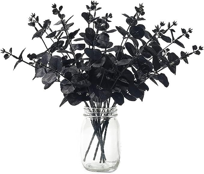 Laelfe 6 Pcs Black Artificial Eucalyptus Stems - Halloween Fake Flower, Faux Eucalyptus Leaves Br... | Amazon (US)
