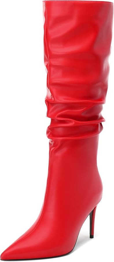 KUOARN Knee High Boots for Women Stiletto Heel Pointed Toe Slouchy 3.3 Inch Tall Boots Fashion Da... | Amazon (US)