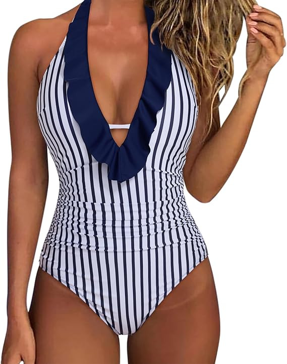 SUUKSESS Women Sexy Halter One Piece Swimsuits Ruffle Tummy Control Bathing Suit | Amazon (US)