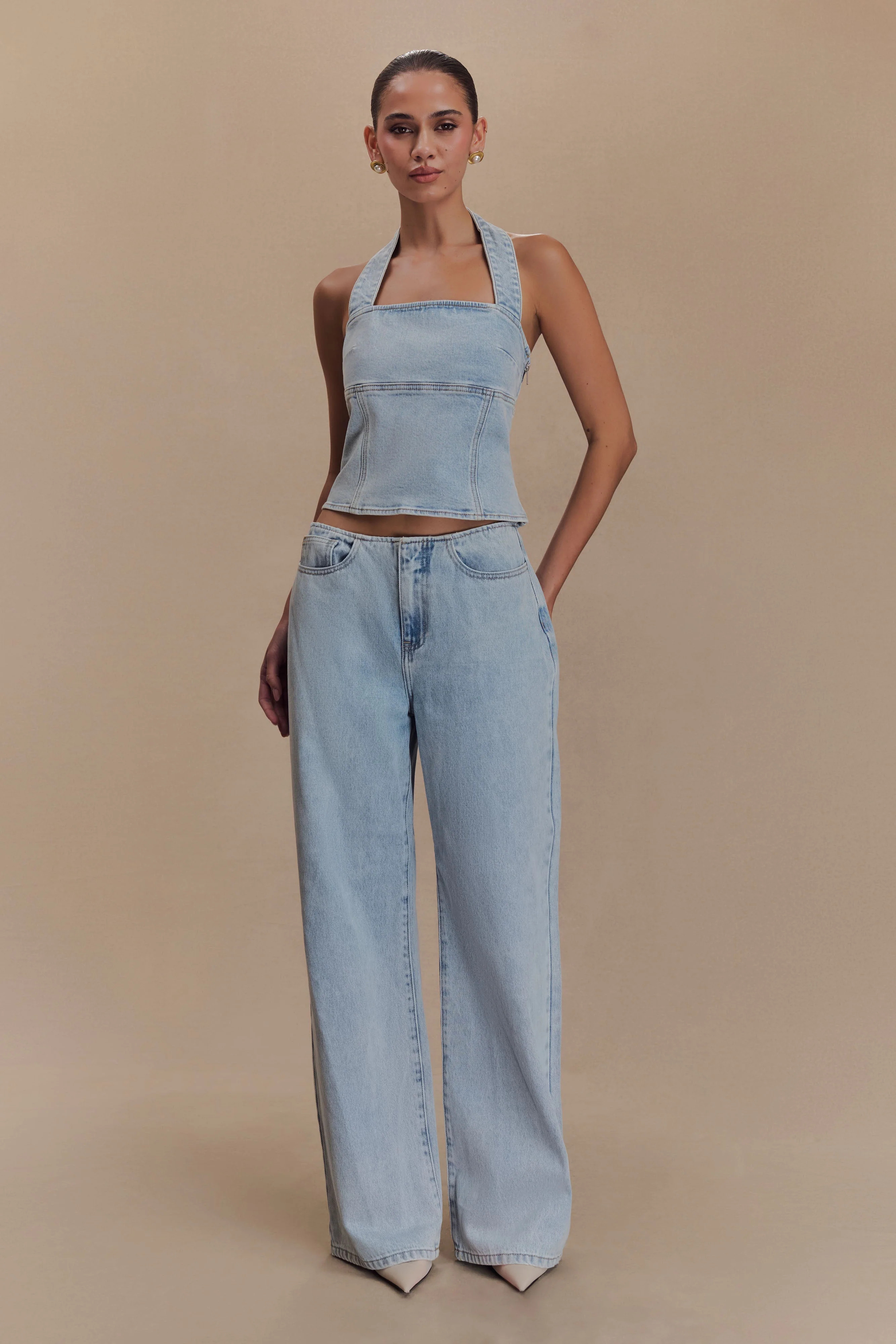 Caitlin Mid Rise Denim Flare Jeans - Light Blue | MESHKI US