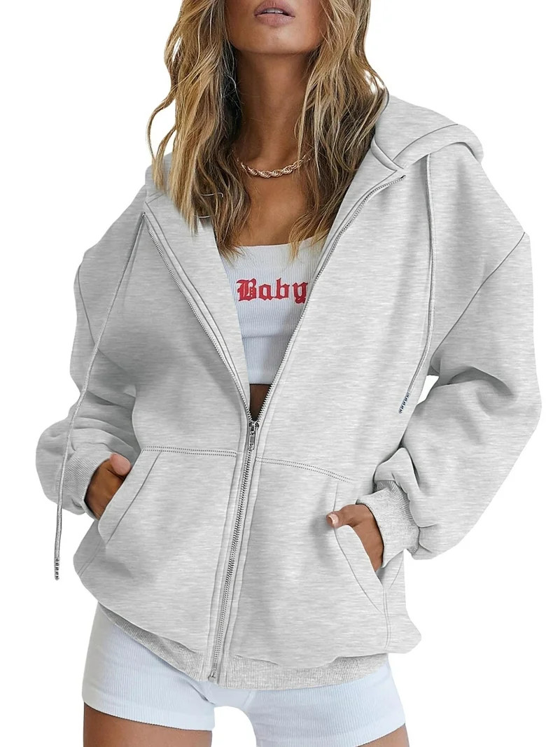 SUNBS Drawstring Zip Up Hoodies for Women Fall Cute Jacket Oversized Casual Sweatshirts with Pock... | Walmart (US)