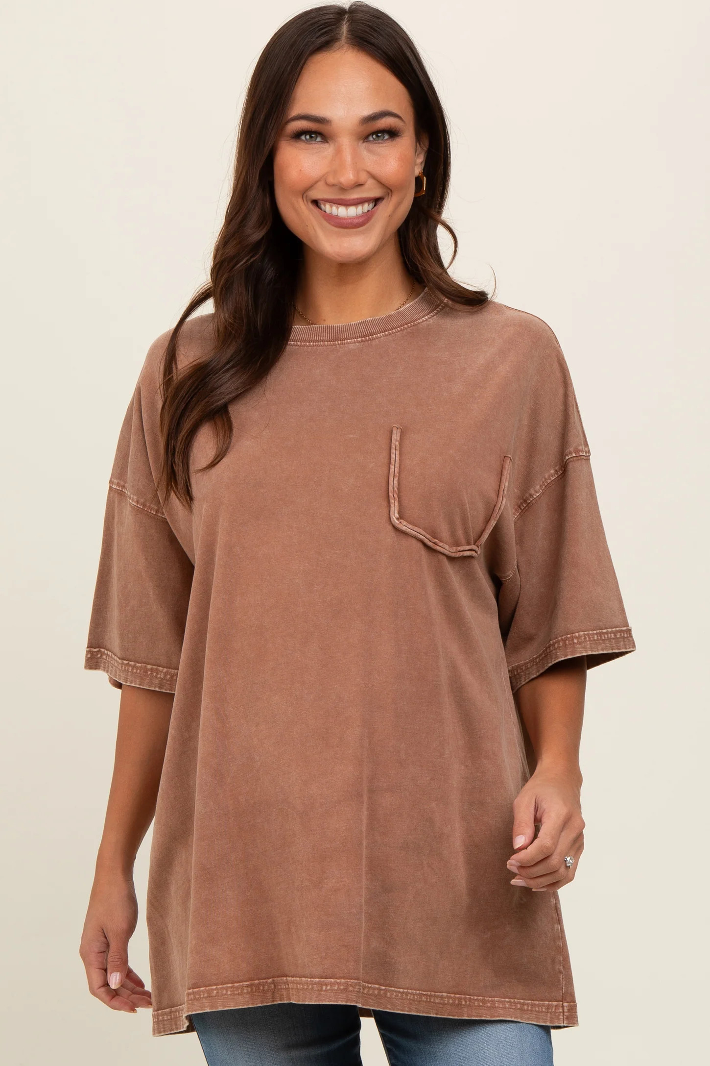 Mocha Faded Wash Maternity Short Sleeve Top | PinkBlush Maternity