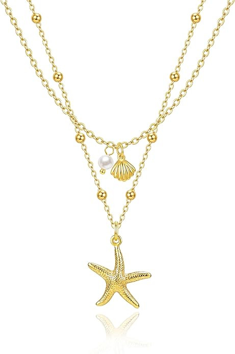 Zeffy Shell Necklace for Women,14K Gold Plated Layered Starfish Conch SeaShell Pearl Pendant Char... | Amazon (US)