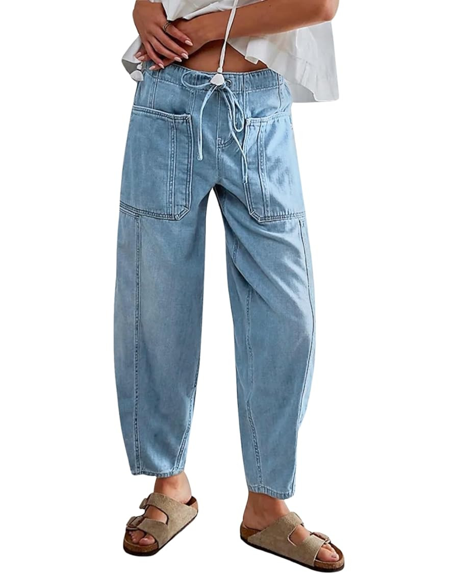 Women's Wide Leg Baggy Jeans Elastic Waist Barrel Jeans Trendy Loose Drawstring Ankle Denim Pants | Amazon (US)