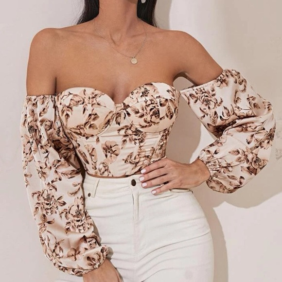 Boho cream floral print lace up back satin bustier corset tube top | Poshmark