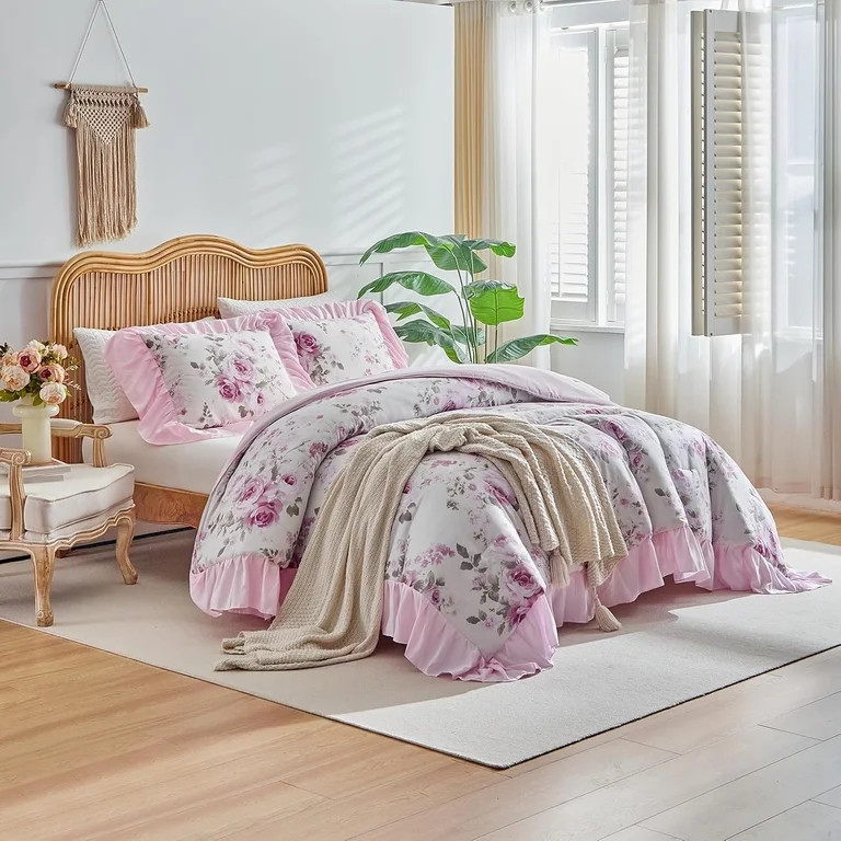 Uozzi Home Queen Size Comforter Set Pink Floral Ruffled Fringe Shabby Chic Farmhouse Bedding with... | Walmart (US)