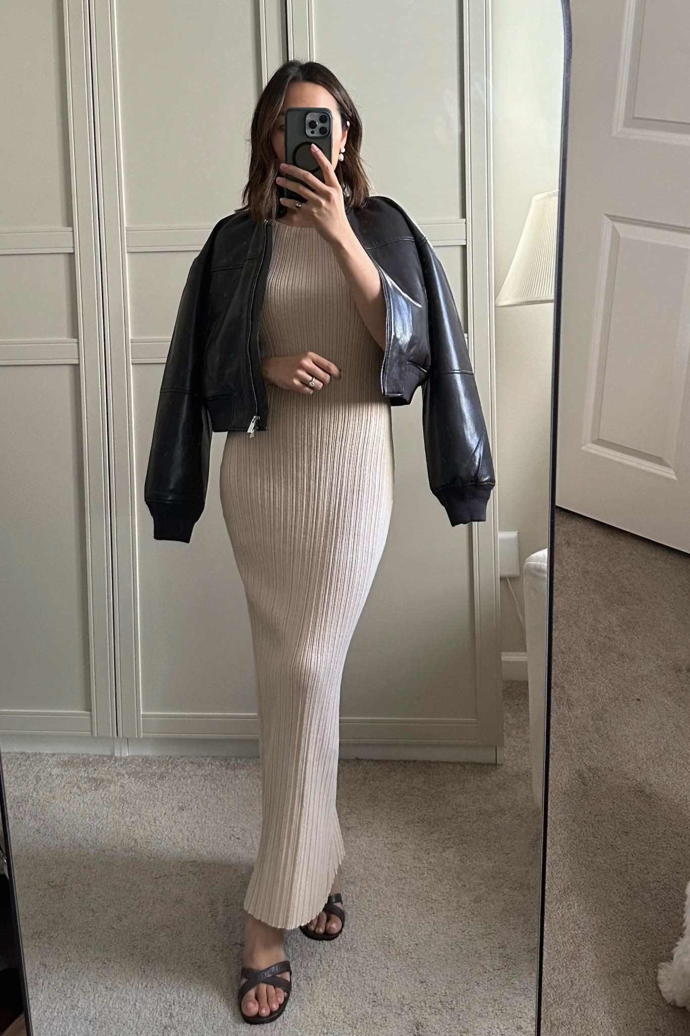 Going out outfit that can be dressed up down (with heels or boots/flats)

Aritzia bomber - wearing small but runs oversized. Size down if you want more of a fitted/cropped style. Beautiful quality faux leather 

Quince sweater dress - wearing medium. Nice thickness for the material but I’d recommend shapewear with this dress! 

