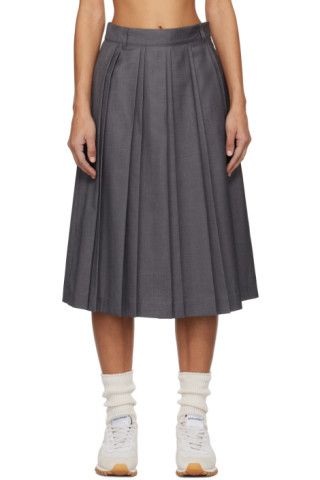 Gray Double Pleats Midi Skirt | SSENSE