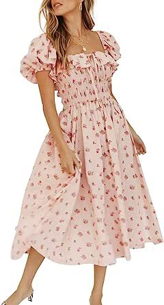R.Vivimos Womens Summer Floral Print Puff Sleeves Vintage Ruffles Midi Dress | Amazon (UK)