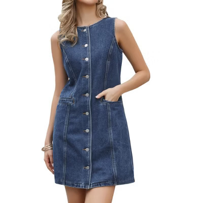 INSPIRE CHIC Women's Denim Button Down Sleeveless Crew Neck Pockets Pencil Mini Jean Dresses Medium Dark Blue | Target