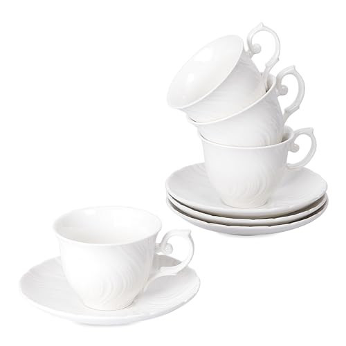 Agyiuns Tea Cups Set Of 4, Tea Cup And Saucer Set,6oz for Tea,Coffee, Latte, Cafe Mocha, Porcelain Tea Party Set (Pure white set of 4) | Amazon (US)