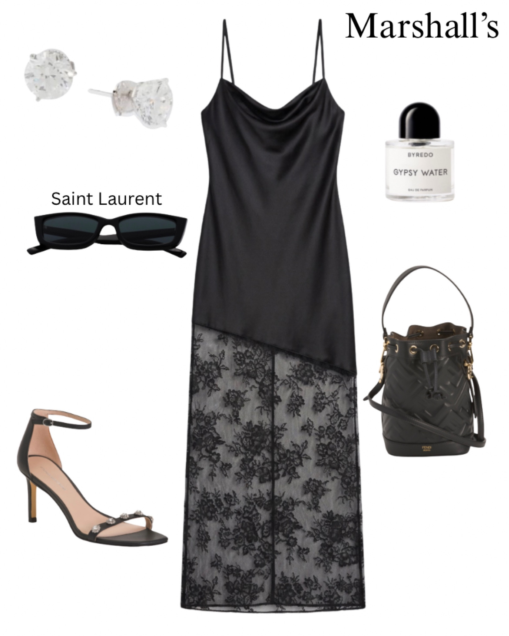 Outfit idea at TJ Maxx. Black lace maxi dress, heels, Saint Laurent sunglasses, Gypsy water perfume, diamond earrings, fendi purse, date night. 

#LTKSaleAlert #LTKBeauty #LTKootd