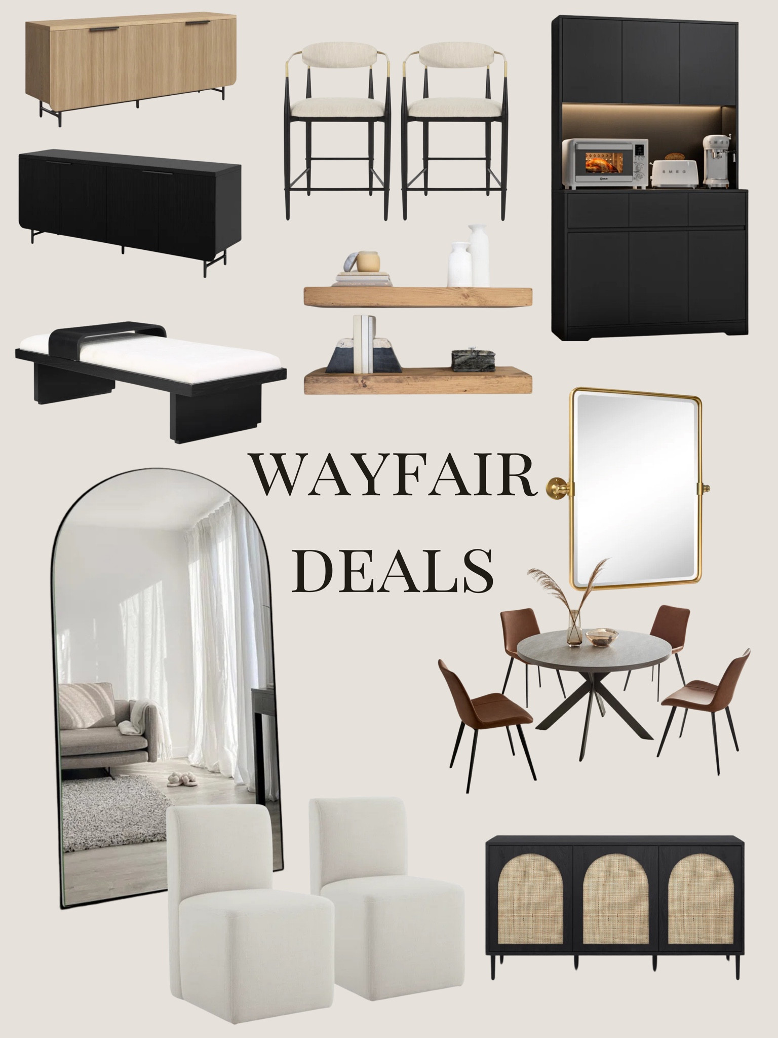 Wayfair deals, arched mirror, modern neutral bench, gold bathroom mirror, cane console, modern upholster, dining chairs, Arhaus dupe barstools, Fluted console, fluted credenza, modern dining set, concrete dining table, Floating shelves, black modern pantry, black modern bar, black modern cabinet, white accent chairs