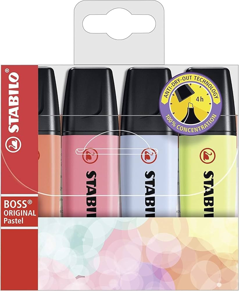 Marca Texto - STABILO BOSS ORIGINAL Pastel – Estojo com 4 unidades – Cores sortidas | Amazon (BR)