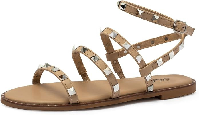 katliu Women's Flat Sandals Strappy Studded Sandals Gladiator Sandals with Ankle Strap | Amazon (US)
