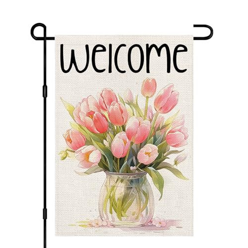 Spring Welcome Garden Flag for Outside 12x18 Inch Double Sided Burlap, Pink Tulips Small Flags Holiday Yard Floral Sign Outdoor Decoration DF464 | Amazon (US)