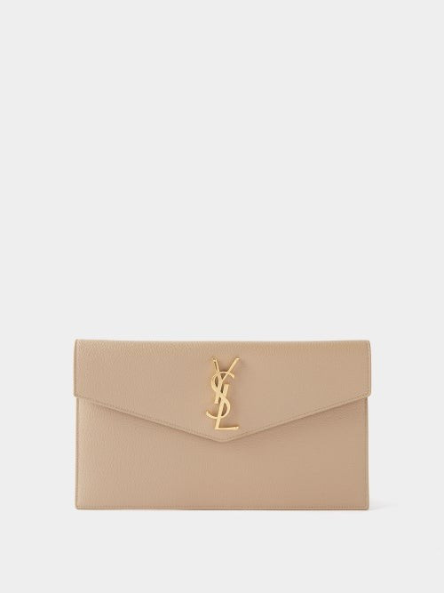 Saint Laurent - Uptown Logo-plaque Pebbled-leather Pouch - Womens - Beige | Matches (US)