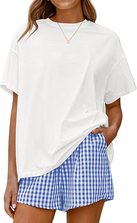 LOGENE Women Two Piece Lounge Pajamas Set Oversized T-Shirts & Boxer Plaid Shorts 2026 Summer Cas... | Amazon (US)