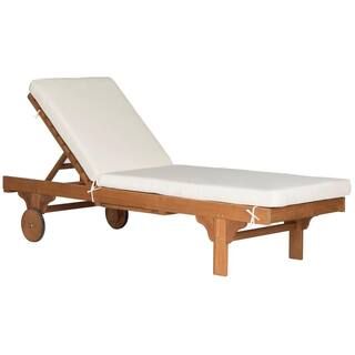 Safavieh Newport Natural Brown 1-Piece Wood Outdoor Chaise Lounge Chair with Beige Cushion-PAT702... | The Home Depot