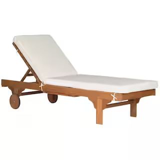 Newport Natural Brown 1-Piece Wood Outdoor Chaise Lounge Chair with Beige Cushion | The Home Depot