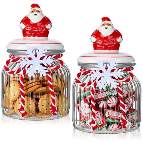 LemonRoad 2 Pcs Christmas Glass Storage Jars with Lid Santa Claus Cookie Jars Christmas Candy Jar Glass Food Storage Canisters Holiday Candy Storages Can for Kitchen Holiday Table Centerpieces(25oz) | Amazon (US)