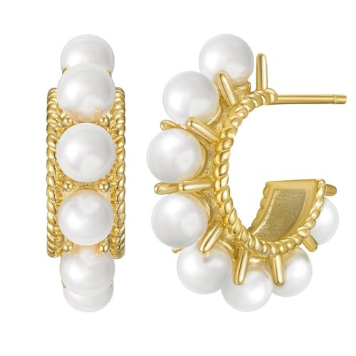 SWEETV 18K Gold Plated Pearl Hoop Earrings for Women, Small Pearl Huggie Hoops with 925 Sterling Silver Post, Lightweight Open Circle Round Pearl Earrings Jewelry Gift for Women | Amazon (US)