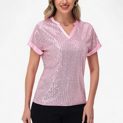 Anna-Kaci Women's Sequin Short Sleeve Top with Satin Trim V-Neckline and Rolled Cuffs - Large, Pink | Target