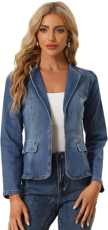 Allegra K Womens Jean Jacket Collarless Long Sleeve One Button Lightweight Denim Blazer Cropped D... | Amazon (US)