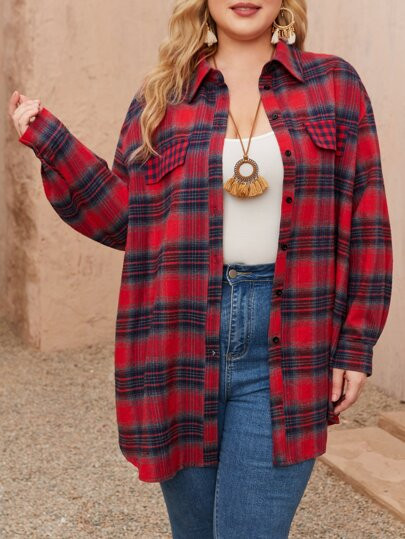 EMERY ROSE Plus Tartan Drop Shoulder Blouse | SHEIN