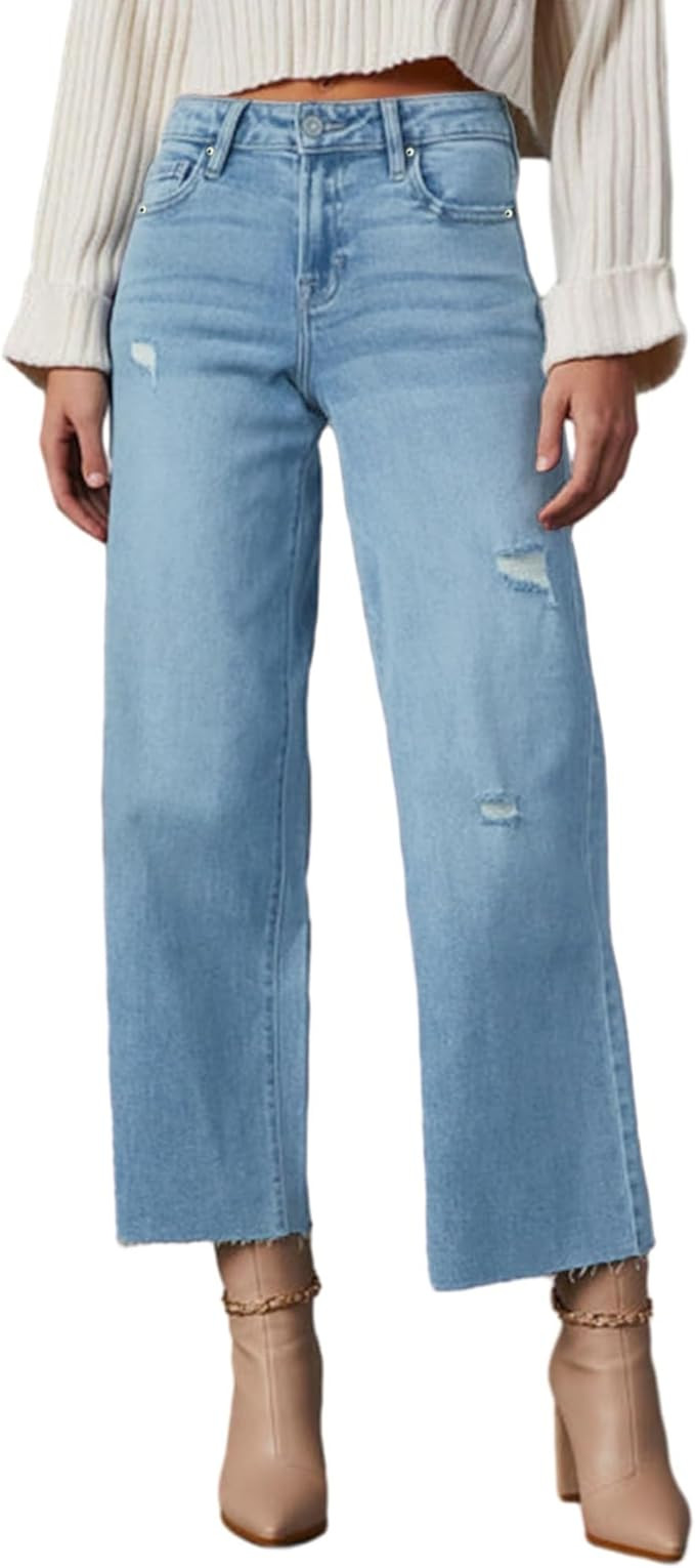 Women's High Waisted Baggy Jeans Wide Leg 2025 Trendy 8 Points Length Casual Stretch Denim Pants | Amazon (US)