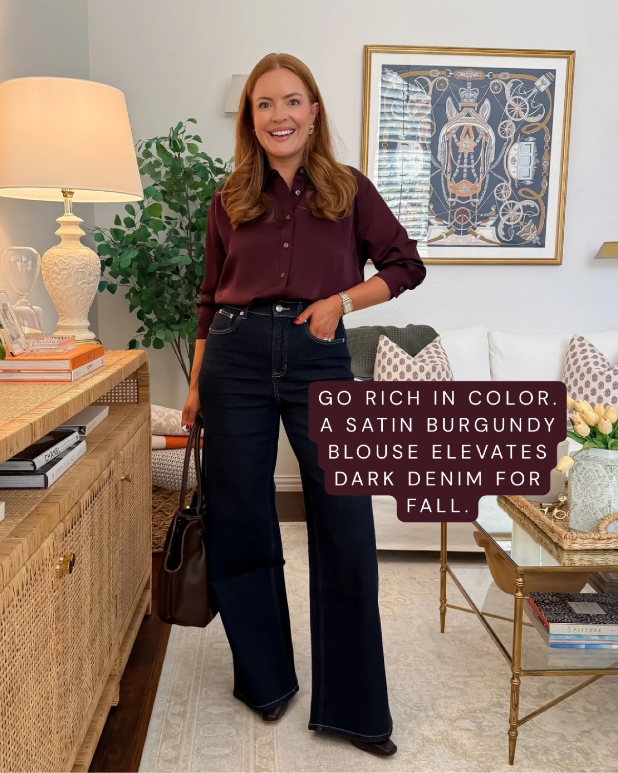 Wearing medium in jeans and small in the blouse — both true to size.
Color is the fastest way to elevate dark denim for fall. A rich burgundy satin blouse against dark wash wide leg jeans looks instantly festive and polished — perfect for fall events, holiday parties, and everything in between. Jeans, but make them evening.
#burgundyoutfit #satinblouse #fallpartyoutfit #darkdenim #falljeansoutfits