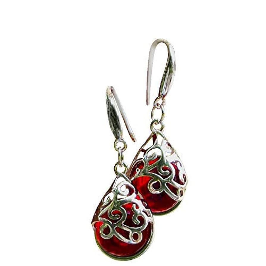 Recycled 1940's Red Beer Bottle Glass and Sterling Silver Filigree Teardrop Earrings | Amazon (US)