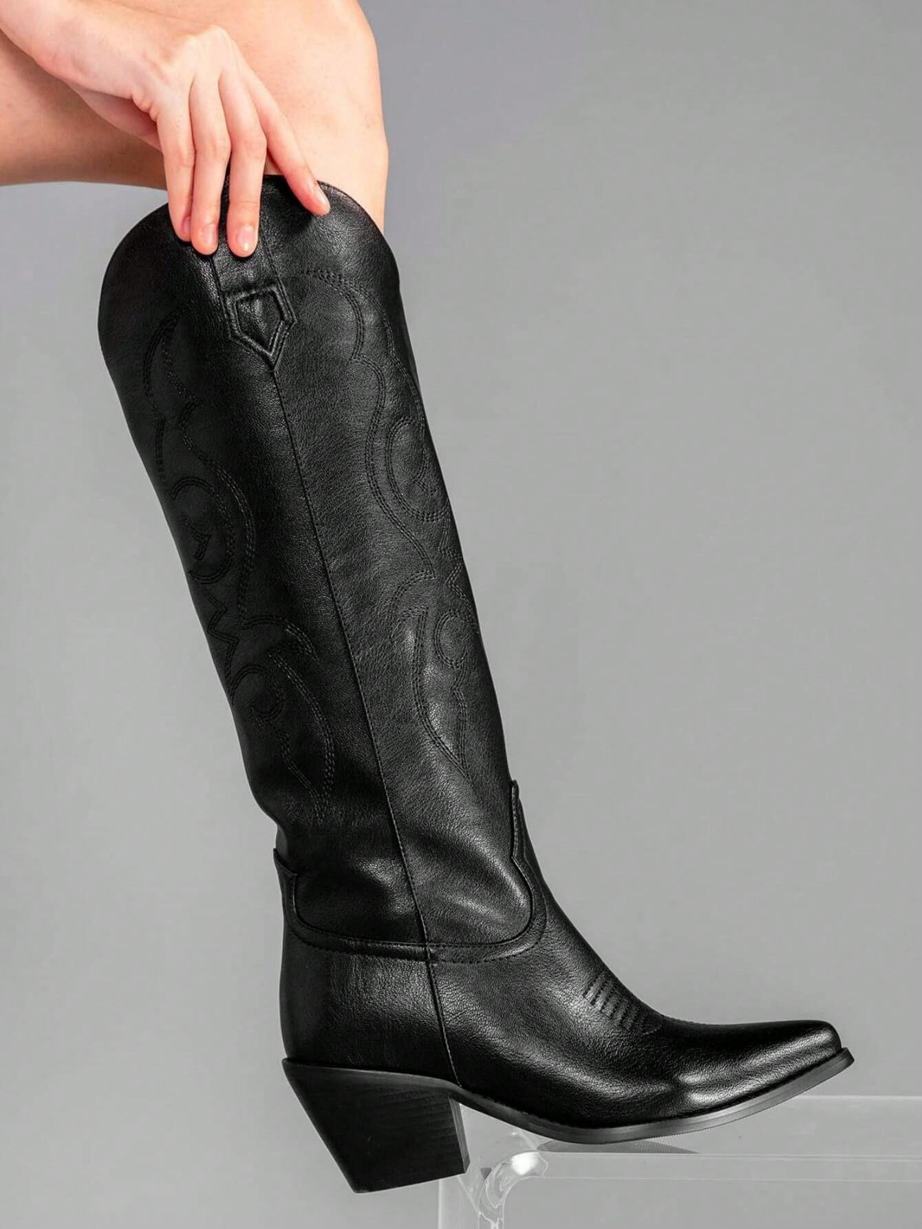 Cowboy Boots For Women - Embroidered Western Cowgirl Boot, Knee High Wide Calf Tall Boots, Almond... | SHEIN