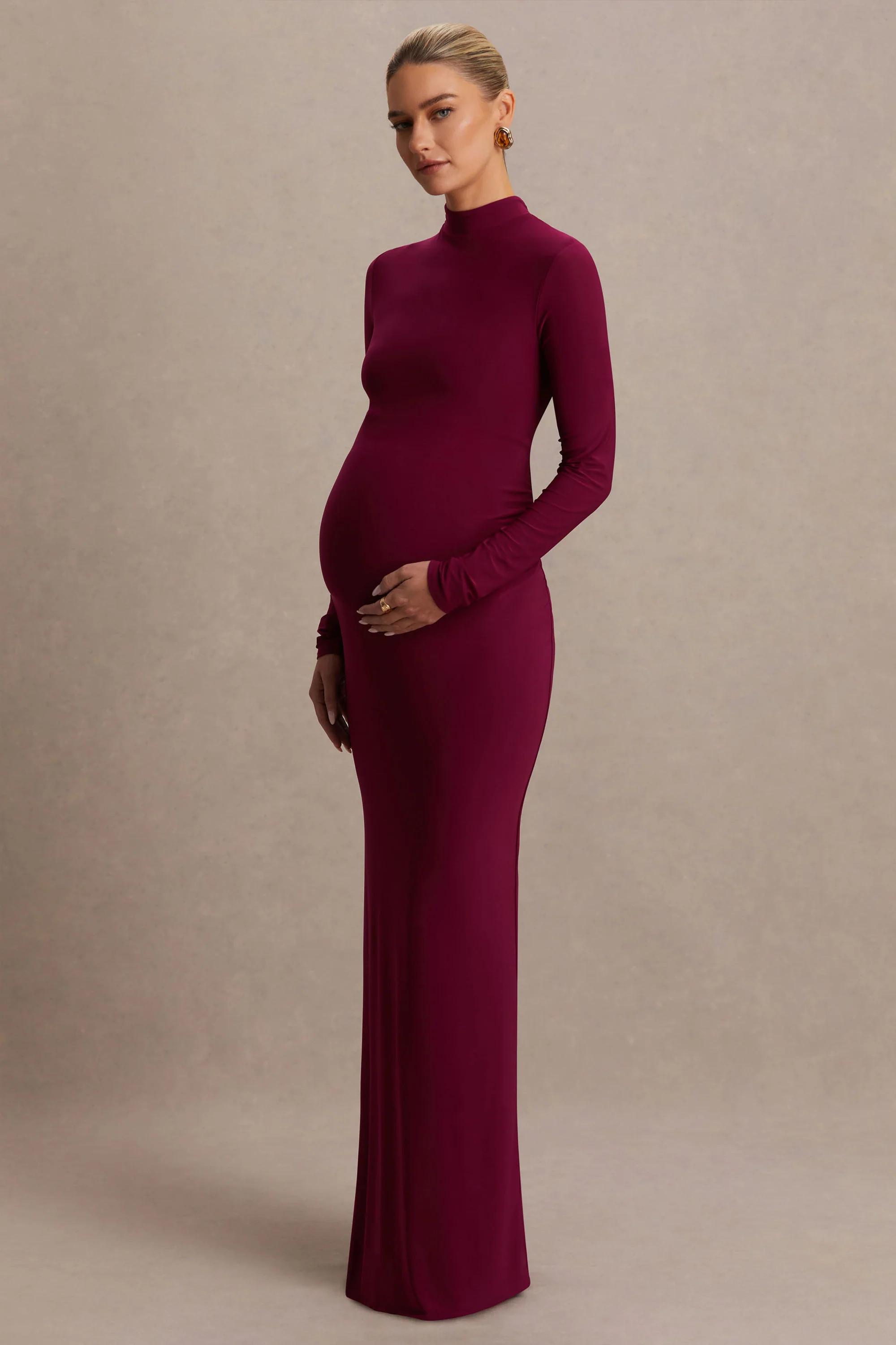 Alejandra | Burgundy Maternity Long Sleeve High Neck Maxi Dress | Club L London